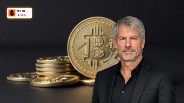 MicroStrategy Bitcoin Purchase with physical Bitcoin coins staged to reflect MSTR treasury accumulation