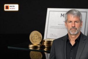 MicroStrategy Bitcoin Strategy concept with BTC stacks beside MSTR stock symbol