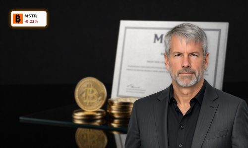 MicroStrategy Bitcoin Strategy concept with BTC stacks beside MSTR stock symbol