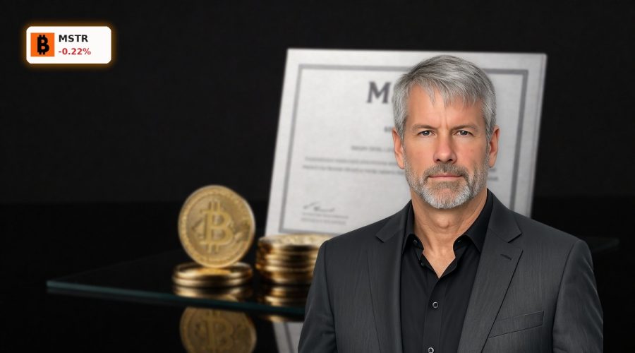 MicroStrategy Bitcoin Strategy concept with BTC stacks beside MSTR stock symbol