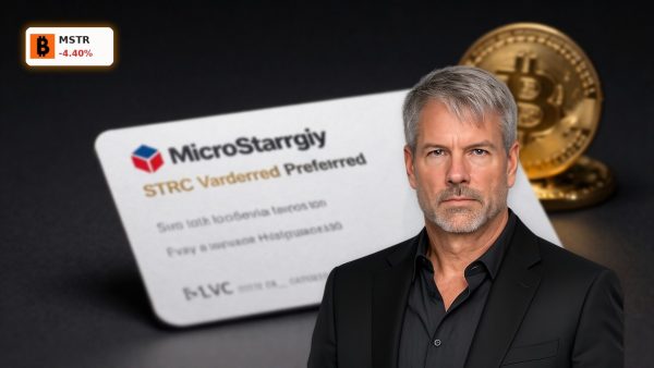 MicroStrategy STRC preferred share concept with Bitcoin symbol on dark background amid funding pressure