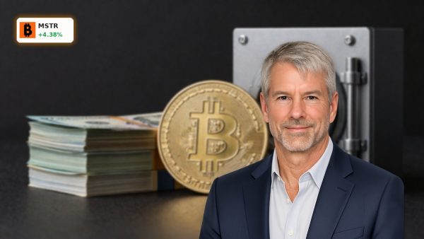 MicroStrategy Bitcoin Purchase with physical Bitcoin coin and cash reserve concept on dark background