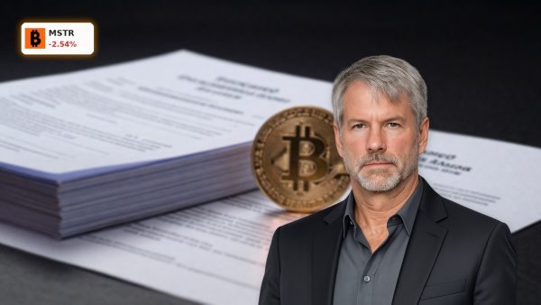 MicroStrategy Funding Pressure reflected by Bitcoin beside discounted preferred-share documents on a dark backdrop