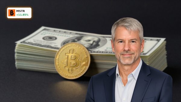MicroStrategy Bitcoin Sale concept with Bitcoin coin and cash reserves reflecting MSTR treasury strategy shift