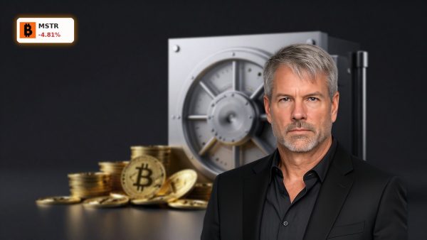 MicroStrategy Bitcoin Strategy concept with staged Bitcoin reserves and treasury vault on dark background