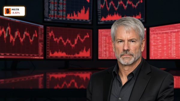 A tense financial trading desk showing falling market charts, representing the MicroStrategy Filing impact.