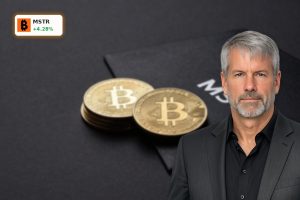 MicroStrategy Bitcoin Strategy concept with Bitcoin stacks and MSTR stock focus