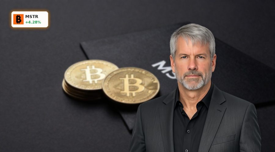 MicroStrategy Bitcoin Strategy concept with Bitcoin stacks and MSTR stock focus