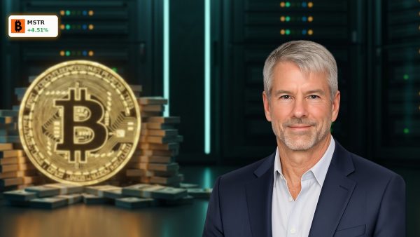 MicroStrategy Financial Report showing a protective cash cushion surrounding a glowing Bitcoin in a dark secure vault.