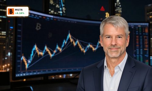 Volatile trading screen visualizing MicroStrategy Bitcoin Strategy with intertwined BTC and stock price swings.