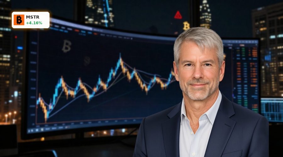 Volatile trading screen visualizing MicroStrategy Bitcoin Strategy with intertwined BTC and stock price swings.