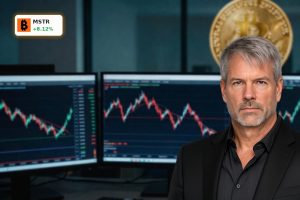 Candlestick chart reflecting MicroStrategy Bitcoin Strategy volatility with recent 3.1% slide