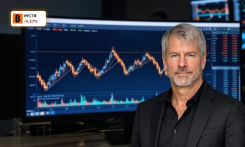 Volatile Bitcoin and equity candlestick chart visualizing the MicroStrategy Bitcoin Strategy leverage risk.