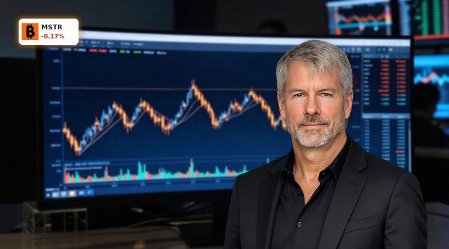 Volatile Bitcoin and equity candlestick chart visualizing the MicroStrategy Bitcoin Strategy leverage risk.