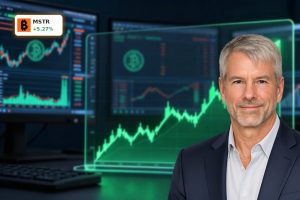 MicroStrategy Bitcoin Financing visualized by a rising stock chart and Bitcoin symbols on trading screens.