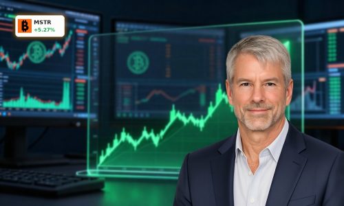 MicroStrategy Bitcoin Financing visualized by a rising stock chart and Bitcoin symbols on trading screens.