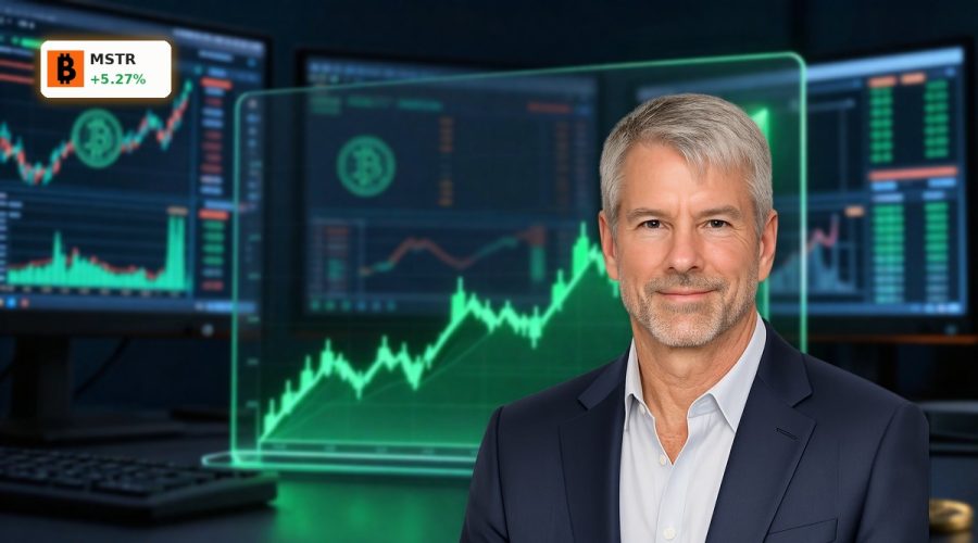 MicroStrategy Bitcoin Financing visualized by a rising stock chart and Bitcoin symbols on trading screens.