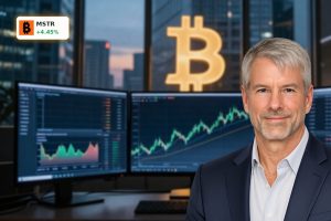 MicroStrategy Bitcoin Strategy visualized by a sharp stock rally chart with a subtle Bitcoin symbol in a modern trading setup.