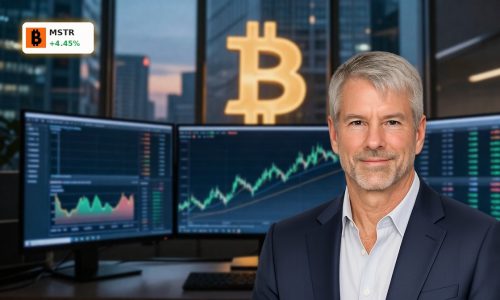 MicroStrategy Bitcoin Strategy visualized by a sharp stock rally chart with a subtle Bitcoin symbol in a modern trading setup.