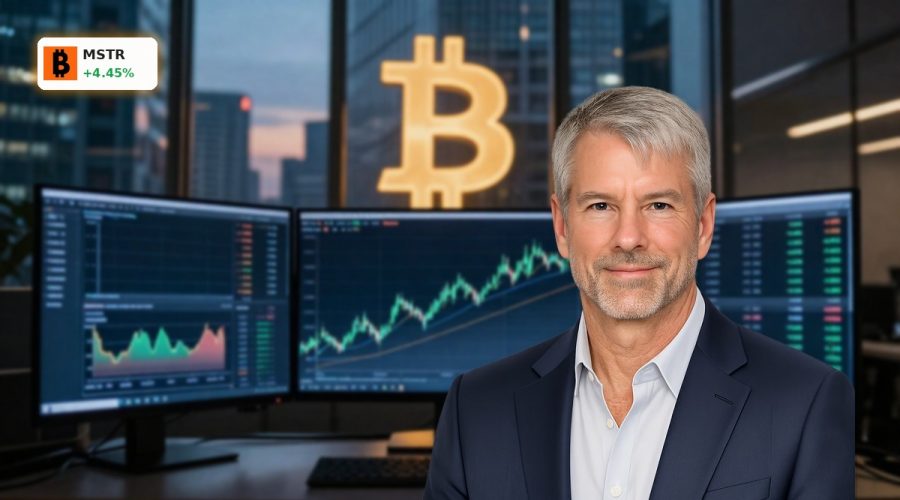 MicroStrategy Bitcoin Strategy visualized by a sharp stock rally chart with a subtle Bitcoin symbol in a modern trading setup.