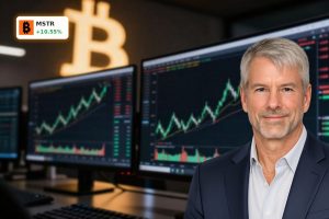 Bullish trading screen symbolizing MicroStrategy Bitcoin Expansion rally tied to leveraged BTC gains