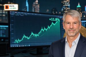 MicroStrategy Bitcoin Strategy visualized as a sharp stock surge tied to a large Bitcoin treasury