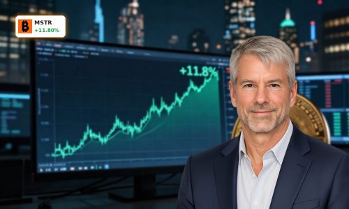 MicroStrategy Bitcoin Strategy visualized as a sharp stock surge tied to a large Bitcoin treasury