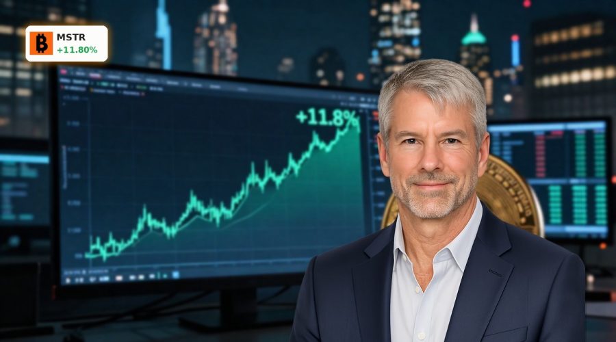 MicroStrategy Bitcoin Strategy visualized as a sharp stock surge tied to a large Bitcoin treasury