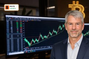 MicroStrategy Bitcoin Financing concept with volatile stock chart and glowing bitcoin symbol highlighting leverage risk