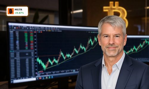 MicroStrategy Bitcoin Financing concept with volatile stock chart and glowing bitcoin symbol highlighting leverage risk