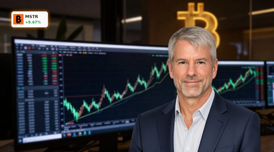 MicroStrategy Bitcoin Financing concept with volatile stock chart and glowing bitcoin symbol highlighting leverage risk