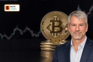 MicroStrategy Bitcoin Update concept with premium BTC coins and subtle bullish market move