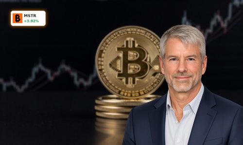 MicroStrategy Bitcoin Update concept with premium BTC coins and subtle bullish market move