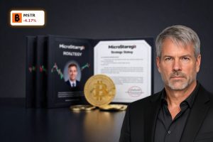 MicroStrategy Bitcoin Strategy symbolized by premium Bitcoin stack and stock certificates under dramatic light
