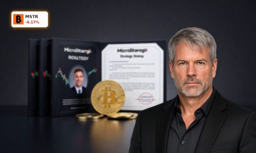 MicroStrategy Bitcoin Strategy symbolized by premium Bitcoin stack and stock certificates under dramatic light