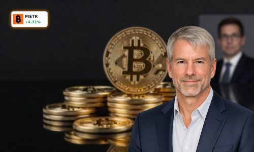 MicroStrategy Bitcoin Strategy visualized by stacked golden BTC coins in dramatic institutional-style lighting