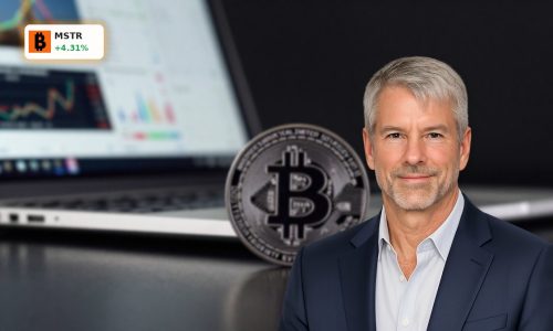 MicroStrategy Bitcoin Strategy visualized with premium Bitcoin coin and trading screen