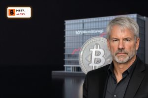 MicroStrategy Bitcoin Strategy symbolized by premium Bitcoin coin amid market pullback