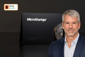MicroStrategy Bitcoin Financing concept with premium Bitcoin coin beside institutional funding instrument