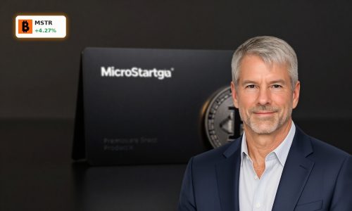 MicroStrategy Bitcoin Financing concept with premium Bitcoin coin beside institutional funding instrument