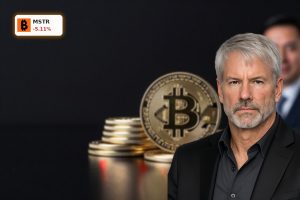 MicroStrategy Bitcoin Sales concept with premium Bitcoin stack under dramatic lighting