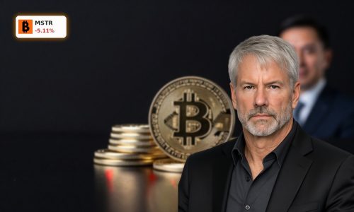 MicroStrategy Bitcoin Sales concept with premium Bitcoin stack under dramatic lighting