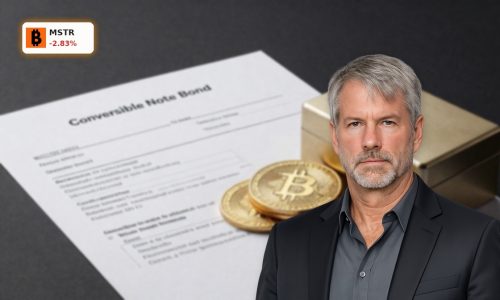 MicroStrategy Debt Reduction with Bitcoin coins and retired convertible notes on a dark studio background