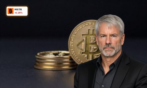 Strategy Bitcoin Sale concept with Bitcoin coins staged on dark background as MSTR drops after first BTC sale
