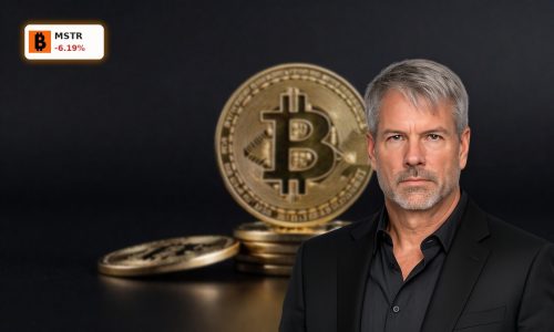 MicroStrategy Bitcoin Sale concept with Bitcoin coins on dark background, highlighting a small portion separated