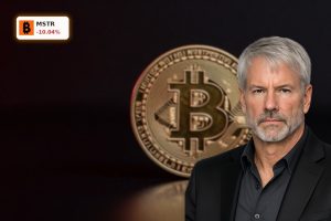 MicroStrategy Bitcoin Sale concept with staged Bitcoin coin on dark background amid market stress
