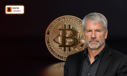 MicroStrategy Bitcoin Sale concept with staged Bitcoin coin on dark background amid market stress
