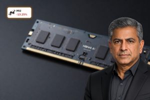 Micron HBM4 AI memory chip package in close-up with stacked semiconductor design on dark background