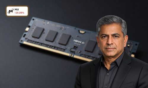 Micron HBM4 AI memory chip package in close-up with stacked semiconductor design on dark background