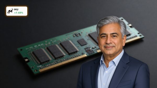 Micron Technology Forecast highlighted by ultra-realistic AI memory chip and HBM module on dark background